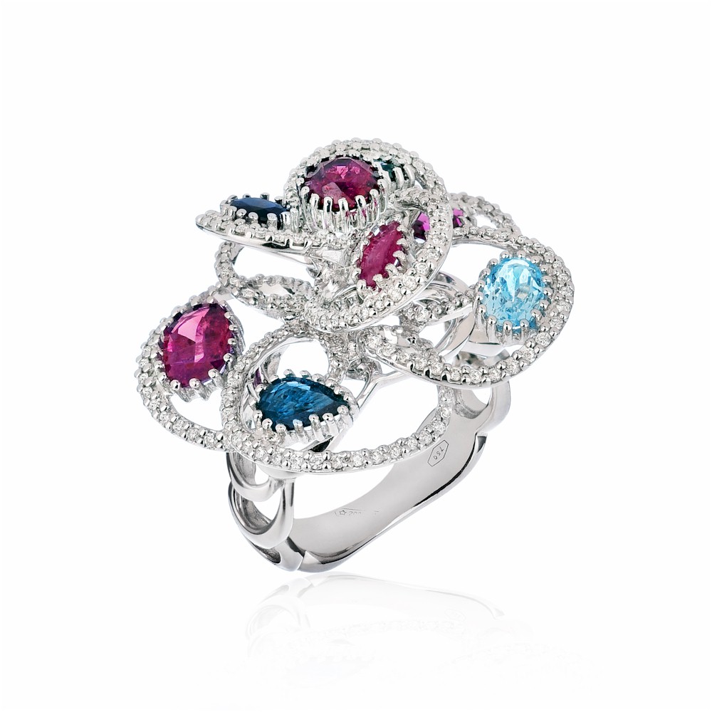 Anello oro rubini zaffiri acquamarina diamanti