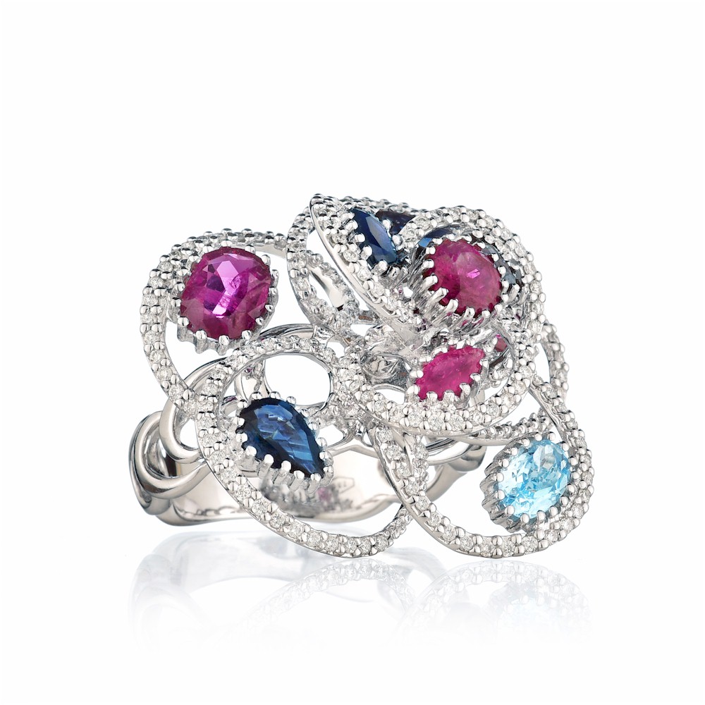 Anello oro rubini zaffiri acquamarina diamanti