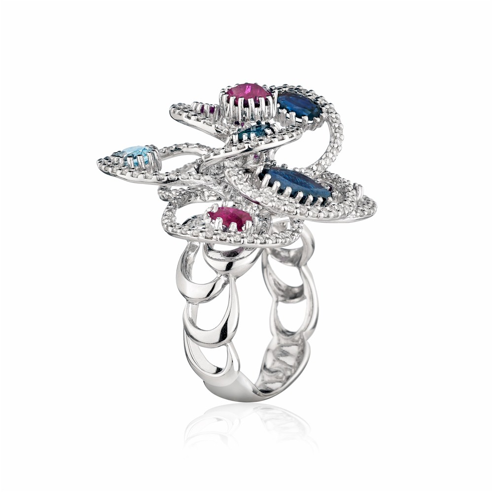 Anello oro Zaffiri, Rubini, Acquamarina e Diamanti - immagine 3